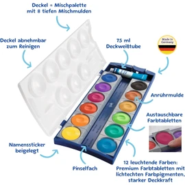Pelikan K12 Opaque Paint Box (DIN 5023) – 12 Brilliant Colours + 7.5 ml Tube of Opaque White – School‑Standard Tempera Set with Paint Tray & Mixing Palette – Blue/White Case