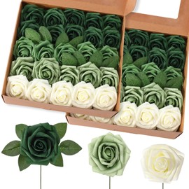 Luinabio 50 Pcs Artificial Foam Rose Flowers Faux Bouquet with Leaves and Stems for DIY Wedding Bouquets Centerpieces Bridal Shower Party Valentine Home Decorations (Gradient Green)