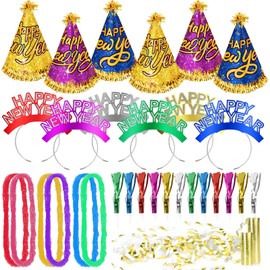 DPKOW 31pcs Colourful New Year Hats Headband Garland Fringe Blower, Happy New Year Cone Hats Hair Bands Props, New Year Metallic Streamers, New Year's Eve Party Decorations