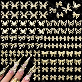 80 Pcs Butterfly Gold Nail Charms, Bow Gold Nail Charms, 3D Alloy Bow Bowkont Nail Art Charms, Golden Nail Bows Charms for Acrylic Nails, Alloy Butterfly Bows Nail Jewelry for Nails DIY Y2K
