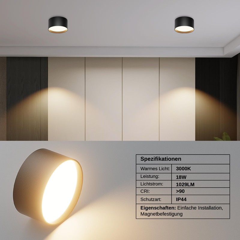 Klighten LED 18 W surface-mounted spotlight, round ceiling spotlights, surface-mounted