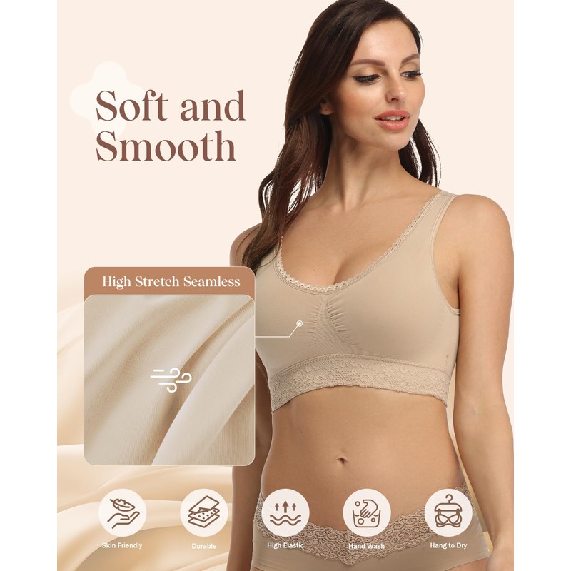 Coobie Seamless Comfort Bra with Lace Trim,Light Nude,Large