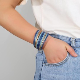 Fesciory Leather Wrap Bracelets for Women, Boho Leopard Multi-Layer Crystal Beads Cuff Bracelet Jewelry (Short Blue)