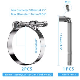 PEROMI 2 Pack 4 Inch T Bolt Hose Clamps Working Range 108-116mm for 4 Inch Hose ID, Stainless Steel Turbo Intake Intercooler Clamps