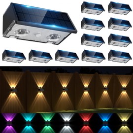 SIAFAVOI Solar Fence Lights Outdoor, 12 Pack Warm & Cool White RGB LED IP68 Waterproof Wall Mount Sconce Up & Down Solar Lights for Outside Garden Patio Backyard Garage Step（Black