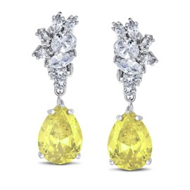Vintage Art Deco Style Canary Yellow Cubic Zirconia AAA CZ Statement Dangle Formal Leaves Teardrop Chandelier Clip On Earrings Wedding Prom Silver Plated