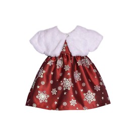 Bonnie Jean Girl's Christmas Holiday Dress - Red Dress with White Faux Fur Jacket for Baby Toddler and Little Girls, Red Snowflake, 12 Months