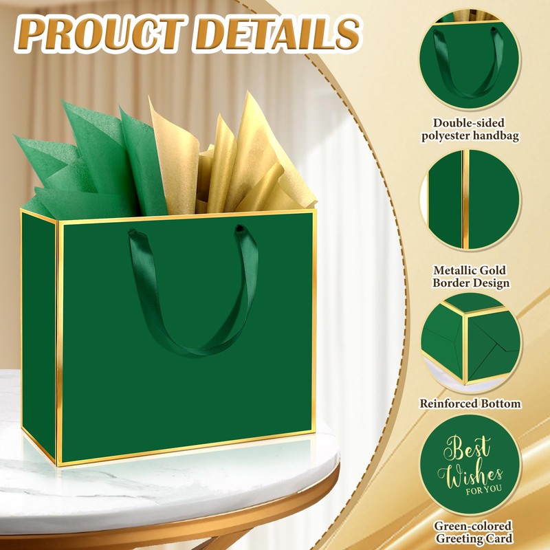 Epoesch 3 Pack Green Medium Gift Bags with Handles and