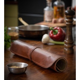 Angus Stoke Knife Bag made of genuine buffalo Leather & Canvas - Chef's Knife Roll Case for Cooking, Camping & BBQ - Knives storage bag Nate (brown)