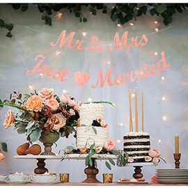 bng-bng Just Married Banner Mr &Mrs Bunting Garland,Wedding Party Decoration for Bachelorette Bridal Shower Engagement Wedding Party Decor Supplies Rose Gold