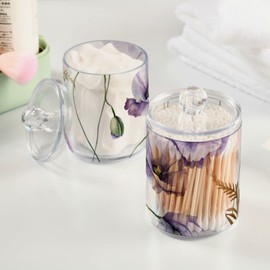 Paquete de 4 dispensadores Qtip con diseño de flores de acuarela, amapolas moradas, hisopos de algodón, almohadillas para orejas redondas de algodón, hilo de algodón, contenedores transparentes para almacenamiento de baño, tarros de plástico para boticar