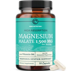 Magnesium Malate 1500MG | Energy & Nervous System Support | 300MG Elemental Mag Per Serving | High Absorption Magnesium Malate Capsules with Vitamin B6 & BioPerine | Non-GMO | 90 Ct (1 Month Supply)