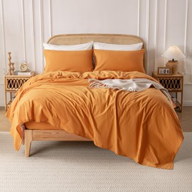 Yibeizi Orange 100% Washed Cotton Linen Feel Sheet Set Queen Size, 4 Pieces Deep Pocket Bed Sheets Soft Breathable Hotel Bedsheets