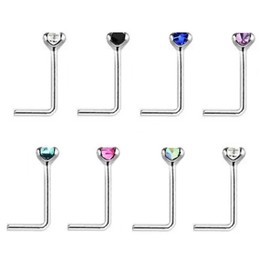Tiny 1.2mm Mixed Colour Crystals Pack of 8, L Shape Nose Studs Sterling Silver Thin 0.6mm Bar