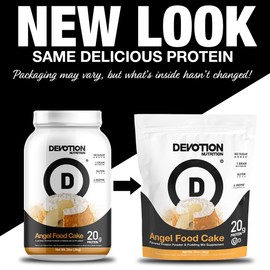 Devotion Nutrition Protein Powder Angel Food Cake – 20g Whey Isolate & Casein Protein Blend – No Added Sugar, Low Carb, Gluten-Free, Keto-Friendly, 1g MCT, Kosher – 2lb Pouch