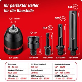 SCHWABENBACH ® Keyless Chuck Complete Set 5-Piece 1.5-13 mm 1/2-20UNF for Drills and Impact Wrenches - Drill Chuck Adapter