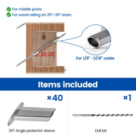 [Patent] Muzata Upgraded 40 Pack 25 30 35 Degree 1/8" 5/32" 3/16" Cable Railing Angle Protector Sleeves Cable Railing Hardware Kit T316 Stainless Steel Angle Protective Sleeves Wood Post CR70