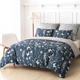 Tokokimo King Size Duvet Cover Sets - 3pcs Bedding Sets Reversible Color, Blue Kingsize Duvet Cover Microfiber with 2pcs Pillowcases, Botanical Floral Bedding Sets 230x220cm