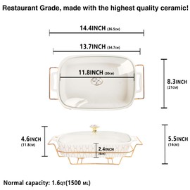 jinsongdafa 11" x 8" Ceramic Casserole Dish with Glass Lid and Rack, 50 ounce Serving Soup Tureen,Chafing Dish for Buffet, Family Food preserve Tray, Catering Casserole for Party Style, White