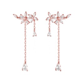 SLUYNZ 925 Sterling Silver CZ Flower Dangle Earrings Chain for Women Crystal Drop Earrings Tassel Elegant Wedding Earrings (B-Rose Gold Plated)