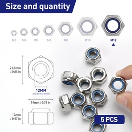 FOMGIIN Hex Nuts M12, Pack of 5 Self-Locking Locking Nuts 304 Stainless Steel Nut Self-Locking Stop Nut DIN985 A2 V2A Hexagonal Stainless Steel Nut Stop Nuts Lock Nuts
