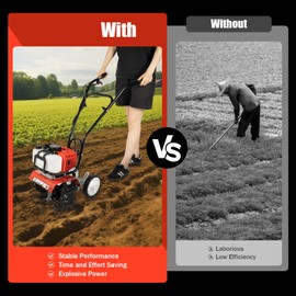 RustyVioum Upgrade Mini Tiller Cultivator, 52CC 2-Stroke Rototiller Gas Powered Garden Tiller Cultivator 7000r/Min 1900KW, Rotary Cultivator Garden Tool for Farm Plant & Lawn Digging