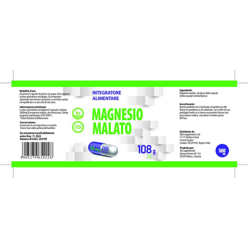 Magnesium Malate 2000 mg per serving 180 vegan capsules, laboratory