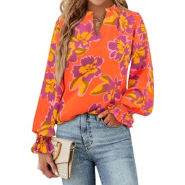 MASCOMODA Womens V Neck Floral Long Sleeve Tops 2025 Summer Casual Loose Puff Sleeve Chiffon Boho Work Blouse Dressy T Shirts(Orange Purple Flower,X-Large)
