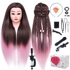 TopDirect Hairdressing Head, 75 cm / 29.5 Inch Practice Head Hairdresser, Hairstyle Head 100% of Artificial Hair, Doll Head for Styling with Braiding Aid & Holder, Pink + Brown