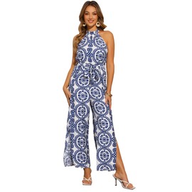 Allegra K Casual Sleeveless Jumpsuit for Women's Boho Pattern Tie Halter Neck Beach Slit Wide Leg Pants Medium Blue