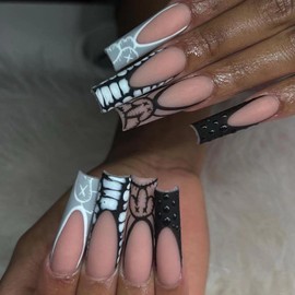 YoYoee French Long Press on Nails Matte Fake Nails Coffin False Nails Acrylic Graffiti Black Stick on Nails for Women and Girls 24PCS