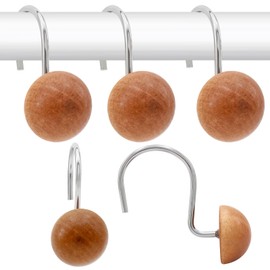 Decorative Shower Curtain Hooks, Wood Shower Curtain Rings, Hemispherical Wood Shower Curtain Hangers, 12PCS Modern Shower Hooks for Shower Curtain Rod, Bathroom, Bedroom, Living Room (Black)