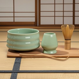 Alliebe Matcha Making Kit,4PCS Matcha Kit,Cyan Whisk and Bowl,Ceramic Set,Exquisite and Elegant Including Bowl, Stirrer,Tea Whisk,Tea Spoon,for Tea Culture Lovers to Enjoy