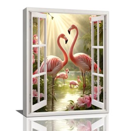 Zyphren Flamingo Bathroom Wall Art Tropical Pictures Flower Wall Decor Pink Flamingo 3d Window Canvas Print Painting Home Artwork Gifts for Living Room Bedroom Bathroom 12"x16"