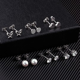 ASH'S CHOICE Small Silver Stud Earrings For Women, Multipack 925 Sterling Silver Stud Earrings Set For Women ids, Cross Star Heart Round Ball Studs Earrings Sleeper Cartilage Earrings, 6Pairs