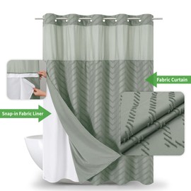 eachope Long No Hook Tufted Chevron Striped Shower Curtain with Snap-in Fabric Liner set-71Wx80H(78H),Sage Green Hotel Grade Boho Style Shower Curtain with See Through Top Window,Water Repellent