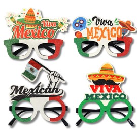 FELIUP Gafas Decorativas Viva México Accesorio para Fiesta Mexicana, Diseño Tricolor con Sombrero Set de 4 Piezas