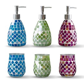 ELEGANTZ Bathroom Accessory Set – Mosaic Bathroom Accessories Set with Glass Soap Dispenser and Toothbrush Holder – Decorative Bathroom Accessories Countertop for Modern Bathroom Decor