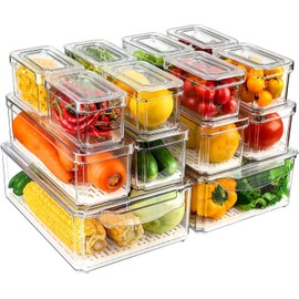 Ausein Juego de 14 Organizadores de Refrigerador, Contenedores de Acrilico de Nevera Transparentes con Tapas, Recipientes para Congelar Alimentos sin BPA para Frutas y Verduras, para Cocina