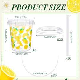 Widecook 30 Set 34oz Lemon Disposable Plastic Cups with Lids and Straws, Yellow Lemon Cold Beverage Drinking Cups for Iced Coffee Smoothie Juice Tea Bridal Baby Shower Birthday Party Supplies