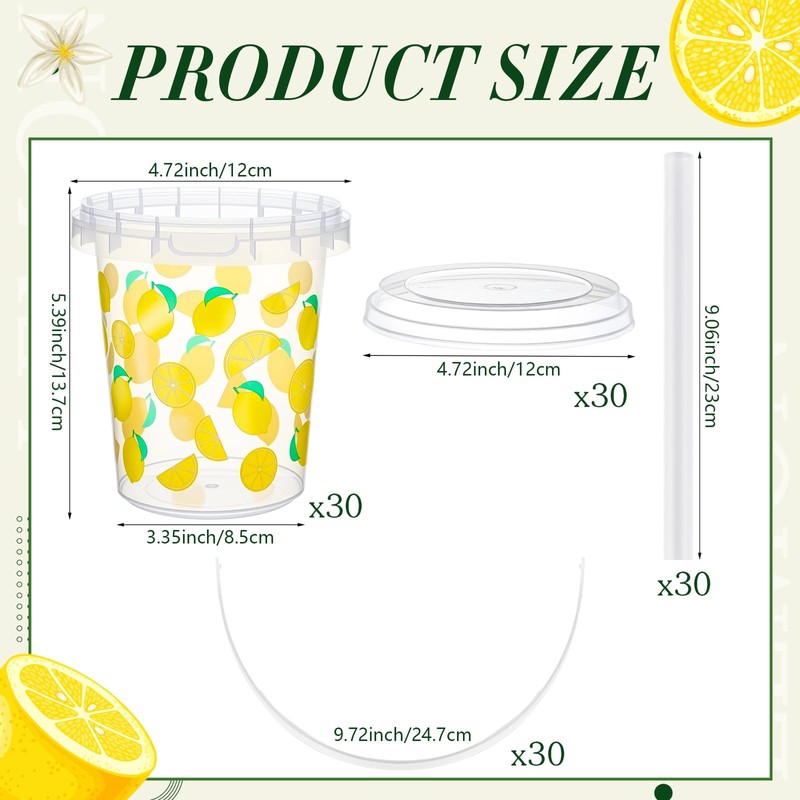 Widecook 30 Set 34oz Lemon Disposable Plastic Cups with Lids
