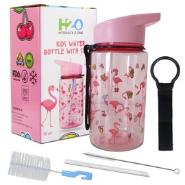 HYDRATE 2.ONE Children's Water Bottles for Boys and Girls with Cleaning Brushes, 400 ml Flamingo Water Bottle, 100% Leak-Proof, BPA-Free, Flip Nozzle Water Bottles with Straw for Hot and