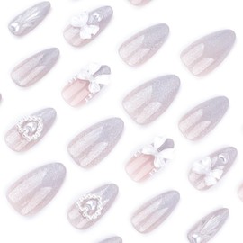 24 Pcs Silver Press on Nails Short Almond Nail Tips,YEFIUO Summer Fake Nails Press ons Glue on Nails Acrylic Nail Art Kit Full Cover Reusable False Nails with Bow Glitter Ombre French Design for Ma'am