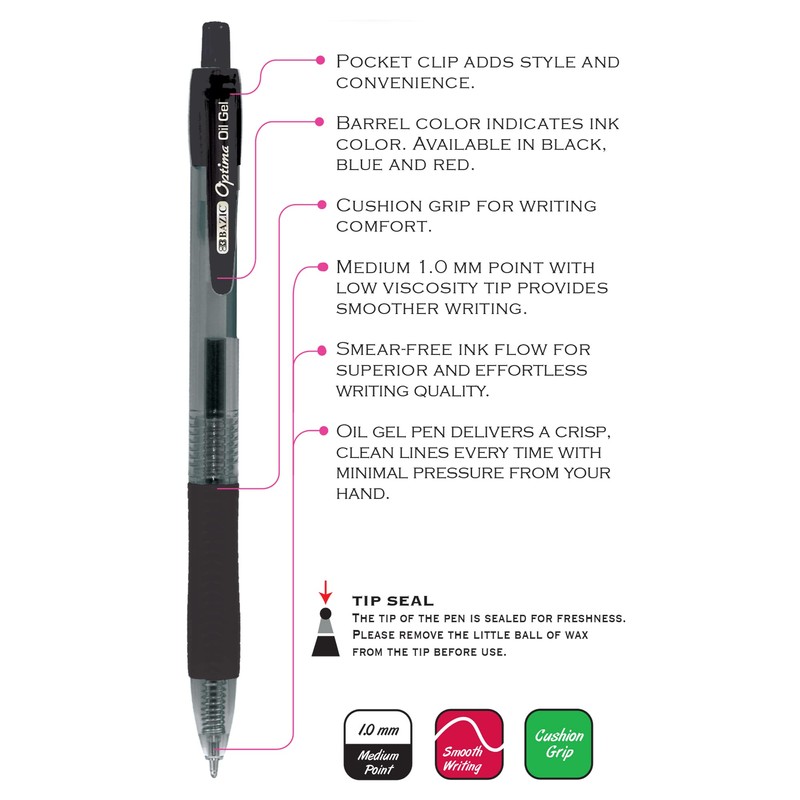 BAZIC Oil Gel Ink Retractable Pen Optima Black Color, 0.7