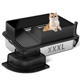 Bartuke XXXL Stainless Steel Litter Box, 28"x20"x12" Extra Large Semi Enclosed High Sided Metal Cat Litter Box with Filtered Grid, Step, Scoop, Non-Sticky, Non-Odor, Easy Cleaning (Black)