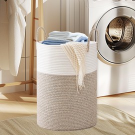 TOOCA BEAR Laundry Basket 60L Laundry Hamper with Handles,Decorative Blanket Basket Tall Woven Rope Storage Basket for Dirty Clothes,Toys,Blankets in Living Room, Bathroom&Bedroom(White&Brown)