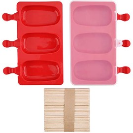 Mirenlife 3 Cavities Silicone Popsicle Molds with Lid, BPA Free Homemade Ice Cream Bar Mold Ice Pop Molds DIY Cakesicle Molds Silicone with 50 Wooden Sticks, Set of 2 (Oval)