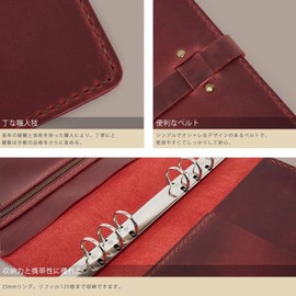 Personal Organizer, Notebook Cover, Leather, A5, 6 Holes, 2025 Ring Binder Notebook, Hand Sewn, Leather Cover, Ring Notebook, Loose-leaf Type, Notepad, PVC Pocket, Pen Holder, Graduation Gift (Red)