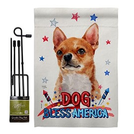 Breeze Decor Patriotic Shorthair Chihuahua Garden Flag Set with Stand Animals Dog Puppy Spoiled Paw Canine Fur Pet Nature Farm Animal Creature Small Gift Yard House Banner Made in USA 13 X 18.5