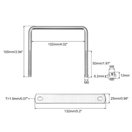 sourcing map Square U-Bolts, 2 Sets 102mm(4.02") Inner Width 100mm Length M8 304 Stainless Steel U Clamp Bolt with Nuts and Plates, for Boat Trailer